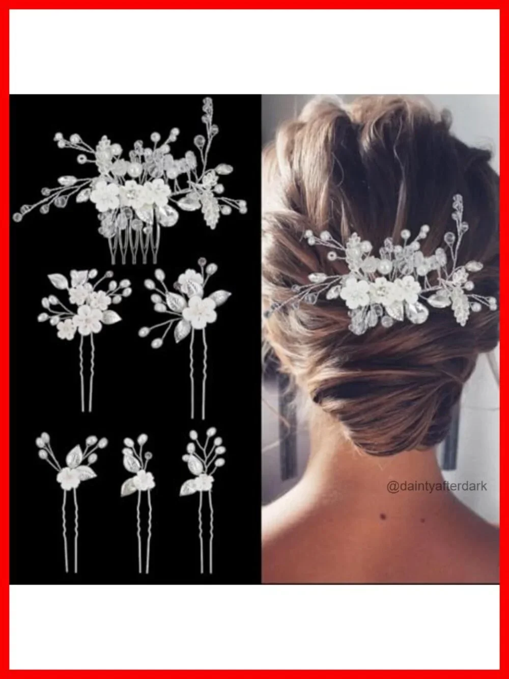 6pc Bridal Flower Hair Pins Crystal Pearl Rhinestone Wedding Hair Clips Updo